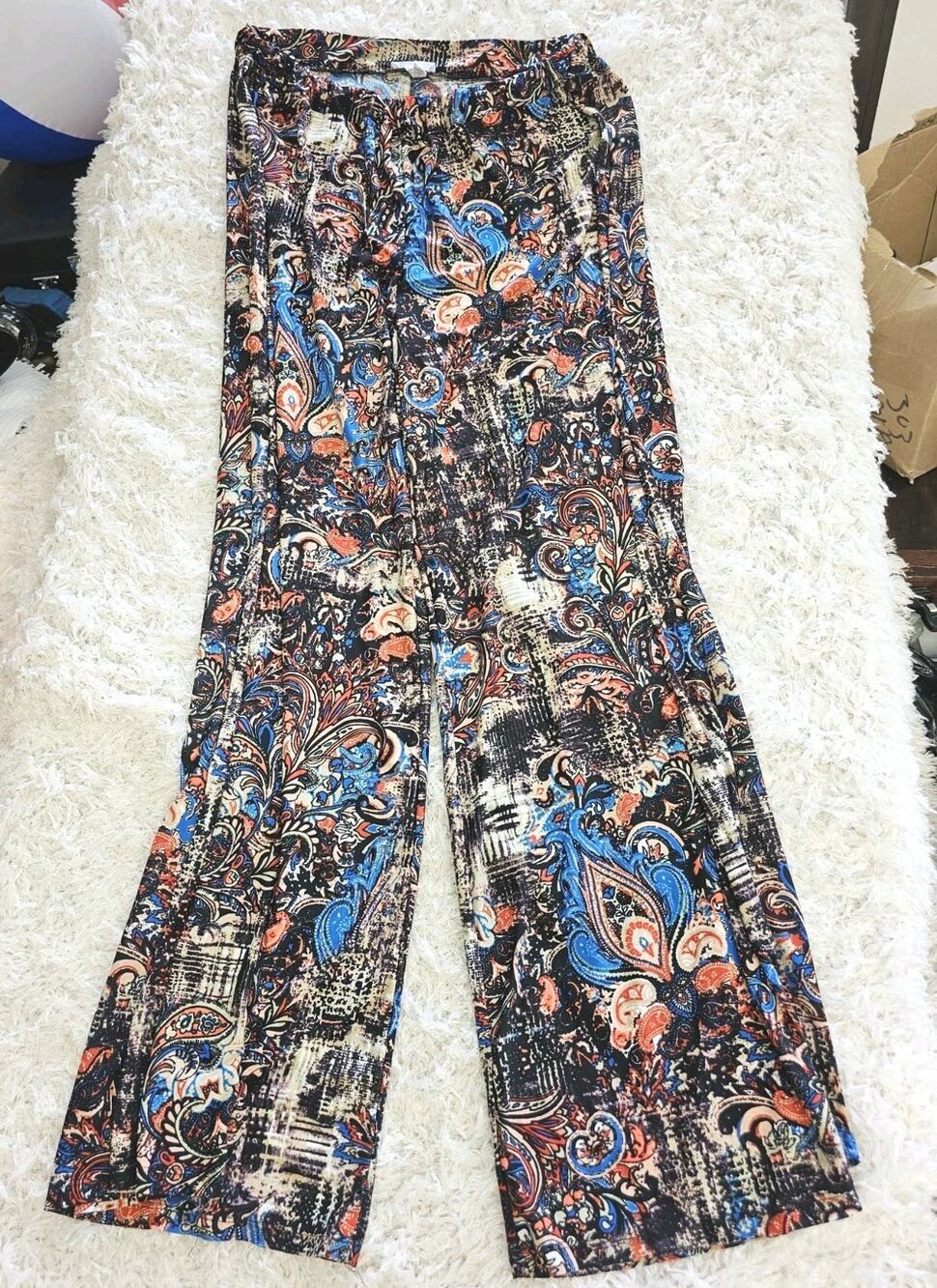 Bellino USA Paisley Palazzo Pants XL Wide Leg Multi Color Orange Blue Boho Flare